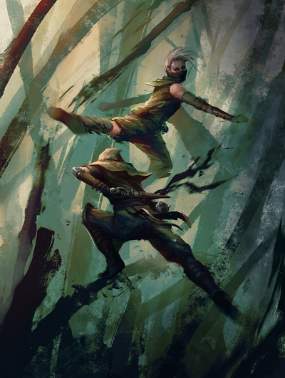 Fight art digital painting fantasy fight forest illustration kick martial arts ninja trees