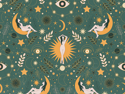 Celestial Woman Surface Pattern | Dark boho celestial design feminine illustration pattern repeat pattern seamless pattern surface design surface pattern