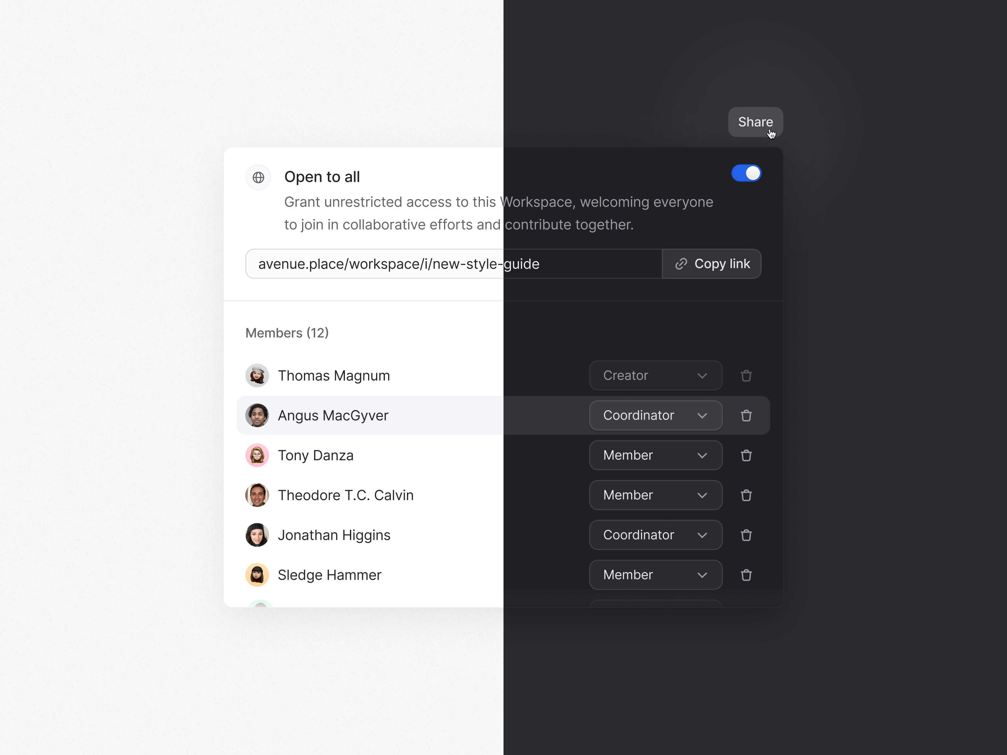 Share workspace ✷ Avenue avatar clean dark mode desktop dropdown interface invite list popup product product interface publish share toggle ui user interface ux workspace