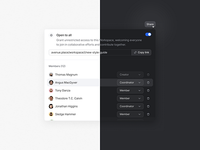 Share workspace ✷ Avenue avatar clean dark mode desktop dropdown interface invite list popup product product interface publish share toggle ui user interface ux workspace