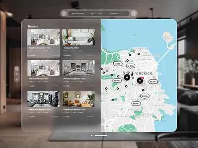 Short term rental - Spatial UI airbnb apartment apple vision pro glassmorphism map marketplace property property management real estate real estate agnecy rental search short term rental spatial design spatial ui ui zillow