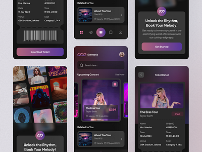 Eventaria - Concert Ticketing App apps booking app concert concert ticket dark mode event event detail gradient mobile app ticket ticket detail ticketing ui ux