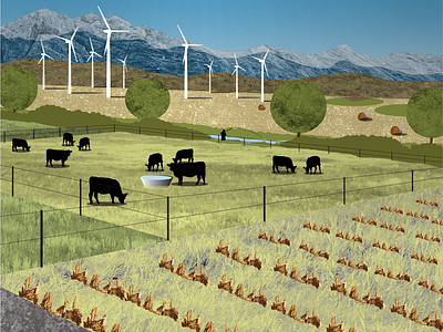 Climate Change - Plains Future Scenario cattle collage colorado conservation farming digital environmental fly fishing front range grazing illustration mixed media no till renewable energy wind turbines