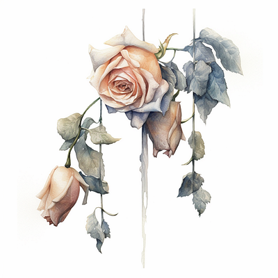 Hanging Roses in Pale Blue & Orange #2 flowers roses watercolor