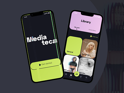 MediaTeca - music app aplication app design get started graphic design green home page media music music album music library musical musicapp page pink screen ui ux webdesign website