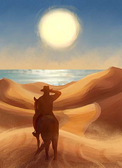 The Ocean at Last cowboy desert illustration landscape ocean sand sun
