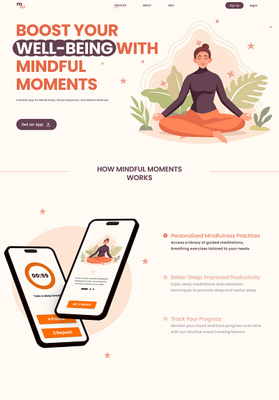 Relaxation & meditation application 2023 app chill clean design hero section neutral orange purple simple trend ui warm web page