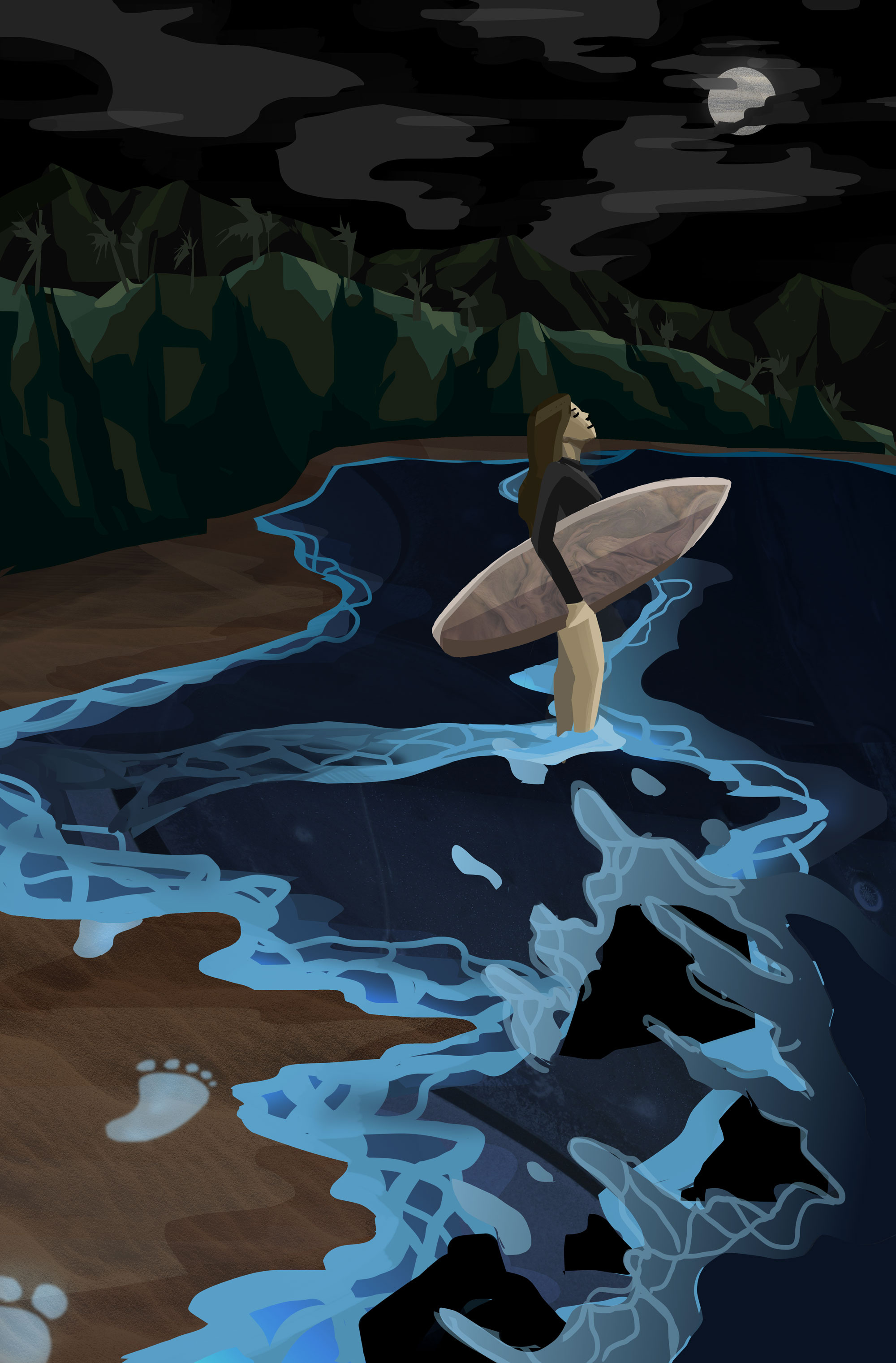 Peace beach bioluminescence board illustration landscape night ocean sand surf waves woman