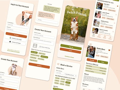 Fetch Friends - A Dog Walking App app booking branding design design system dog walking log in product design profile service booking ui user flow ux wireframe