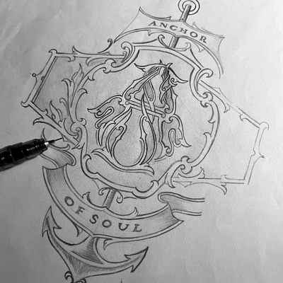 Anchor of Souls Sketch anchor anchorofsouls brand branding handdrawing handdrawn handmade identitiy lettering logo logotype monogram ornaments pencils sketch sketches type typography victorian vintage