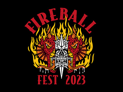 FIREBALL WHISKY badge chrisxcosta design dragon festival fire fireball flames illustration line merch skull spikes vector whisky