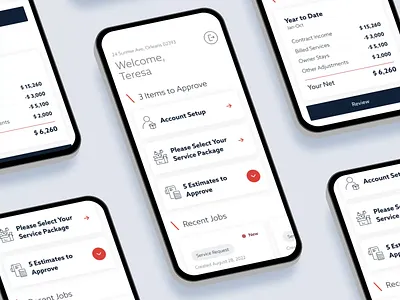 DelMar Homeowner home page account icon app approve section cards estimates icon exit icon finance glance table financial section icons jobs card message confirmation service package icon setup icon table mobile ui ux user experience user interface ux research ux writing writings