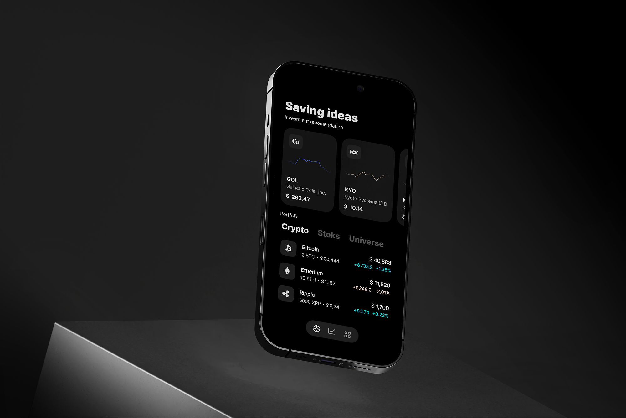 Crypto finance app + 3D Mockup 3d banking blender c4d clay crypto dark finance minimal mockup realistic render ui ux
