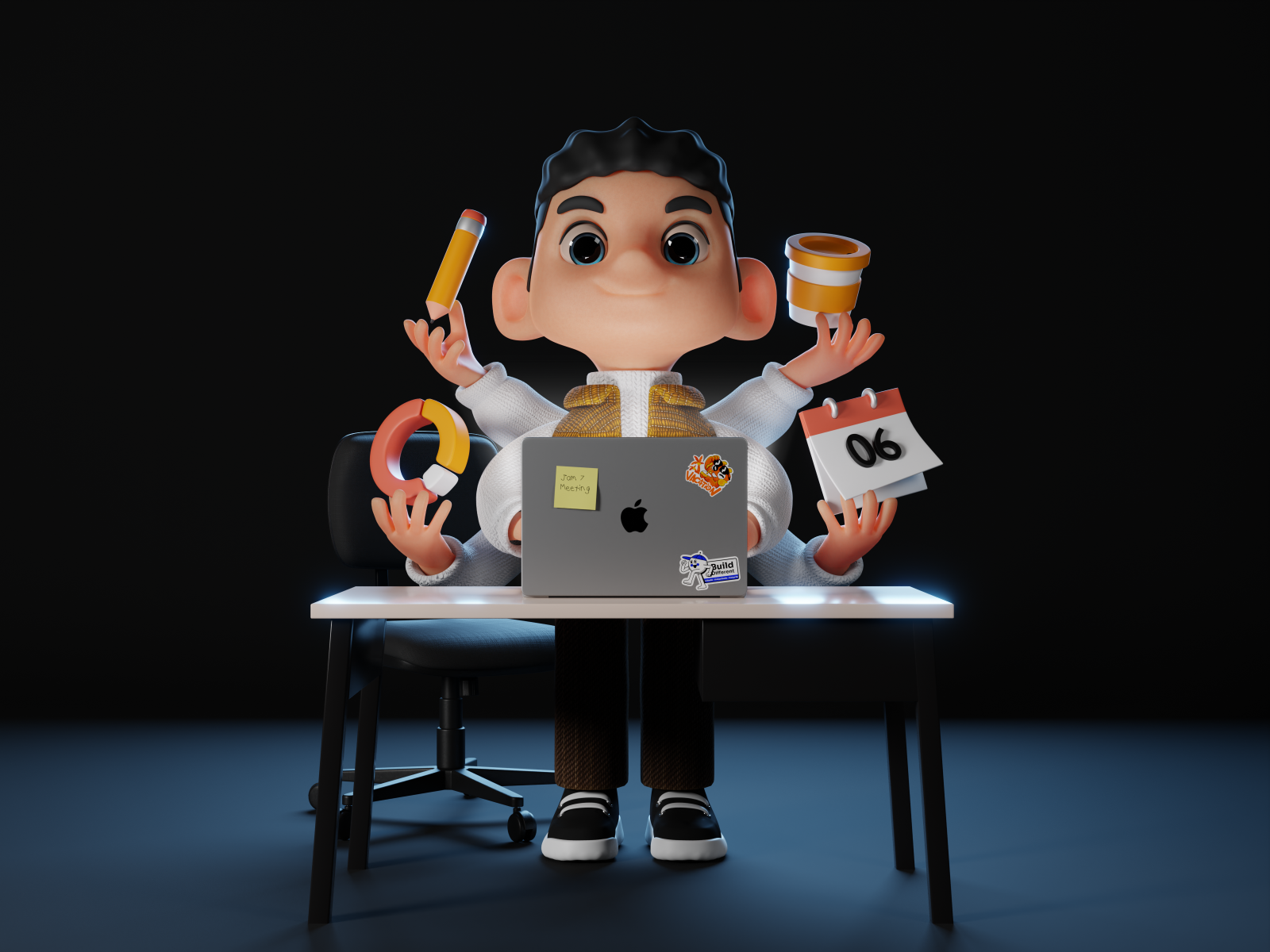 Taskmaster 3D Illustration 3d 3d art 3d character 3d illustration 3d model 3d modeling cartoon cartoon style character design illustration multitasking productivity render saas ui element visual storytelling