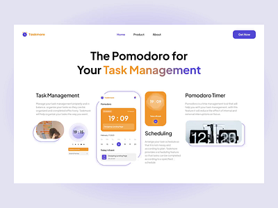 Taskmore - Landing page Pomodoro Task Management Product animation best date clock design desktop fyp hero landing page management nice pomodoro popular productivity reminder style task timer trend uiux web