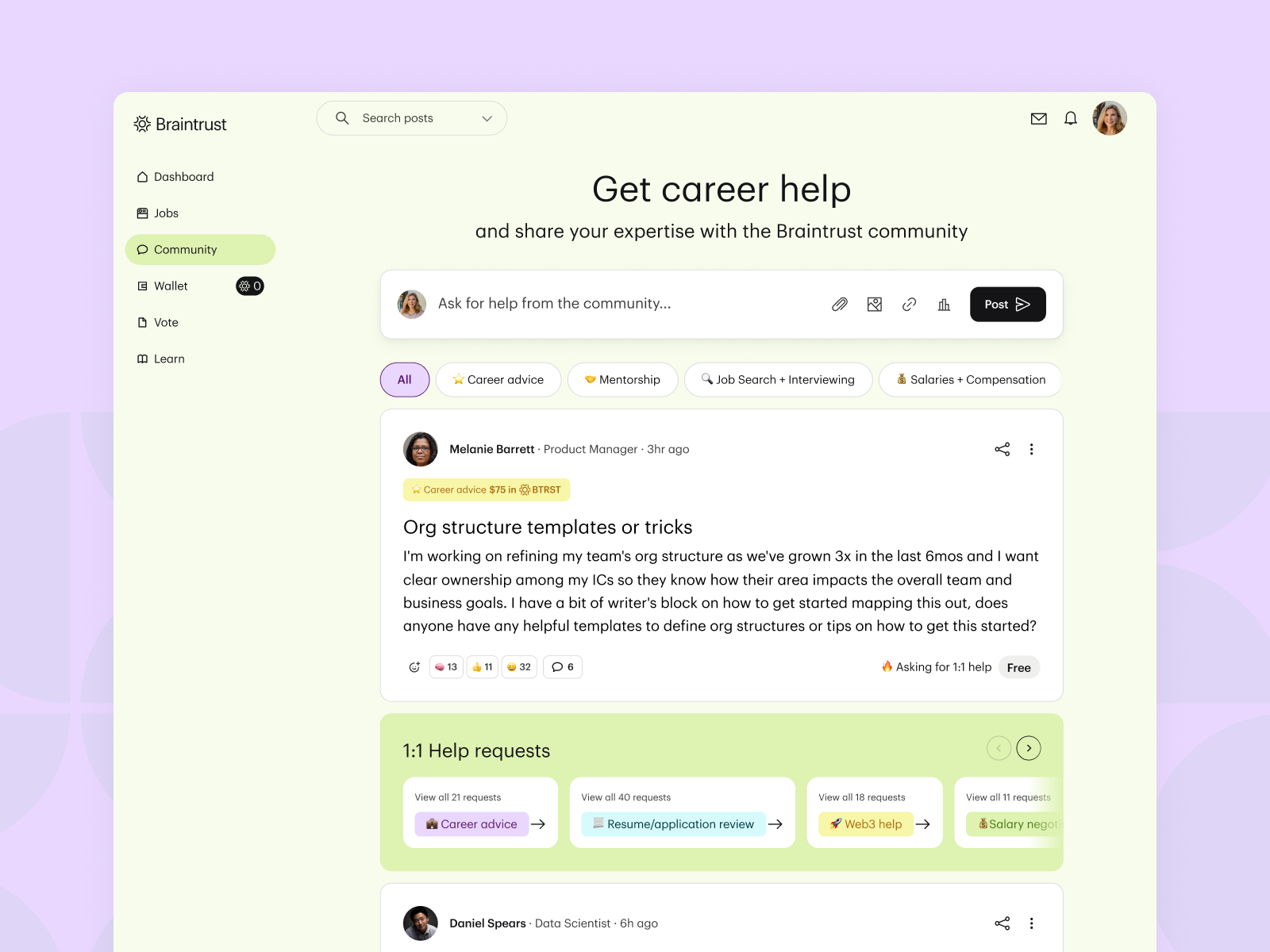 The Braintrust Professional Network 🧠 blockchain blockchain network career comments feed freelance internet jobs product design professional network reactions ui ux web3 web3 platoform