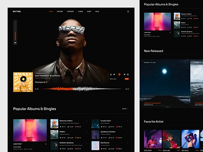 Rhythm - Music Player Landing Page dark darkmode design landing page layout live livemusic mp3 music musicplayer musicweb player product ui ui ux uidesign user experience userinterface web design website