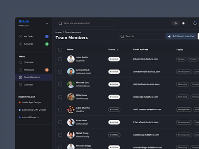 Team management - Dash's Design System[Dark Mode] dashboard design figma fiter minimal settings status table tabs team team management team members ui uidesign user user inteface userexperience userinterface