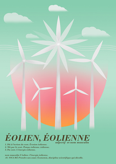 "Eolien, Eolienne" art clean enery color pencil design draw dream ecology education francophone future graphic design illustration logotype pictogram poster simple water ink wind wind turbine