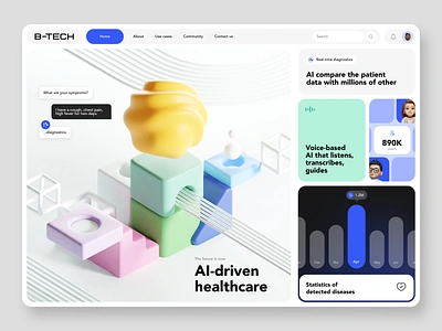 B-Tech - Landing page design for the AI-driven health company 3d 3d illustration ai startup clean hero section illustration landing page landing page design minimal saas web application web design website design