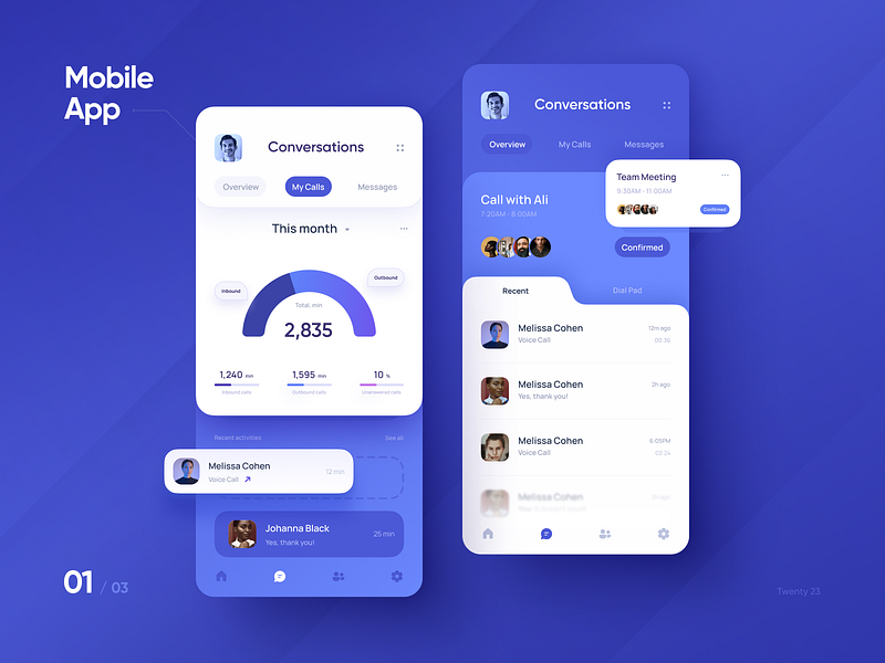 Softphone App - wip/p1 app calendar call app cards communication dashboard design system dtail studio history kpi messages recordings saas schedule softphone transcript ui voiceover