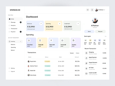 Personal Dashboard UI banking business card checkout clean creditcard currency dashboard finance finance app financial minimal money money transfer ofspace payment send transaction ui wallet
