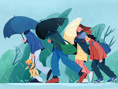 Rainy Day boy character girl illustration man pedestrian people rain rainy umbrella walk wind windy