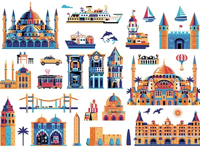 Istanbul City Design Elements buildings city constructor creator design elements flat flat design icons illustration istanbul landmarks map mosque turkey turkish