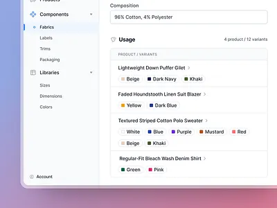 Component Page - Product / Variant Usage Section blue detail page figma form list minimal pills product design saas section side nav table tabs tags ui web