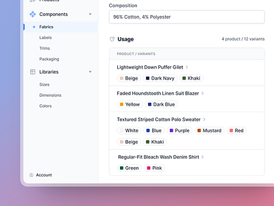 Component Page - Product / Variant Usage Section blue detail page figma form list minimal pills product design saas section side nav table tabs tags ui web