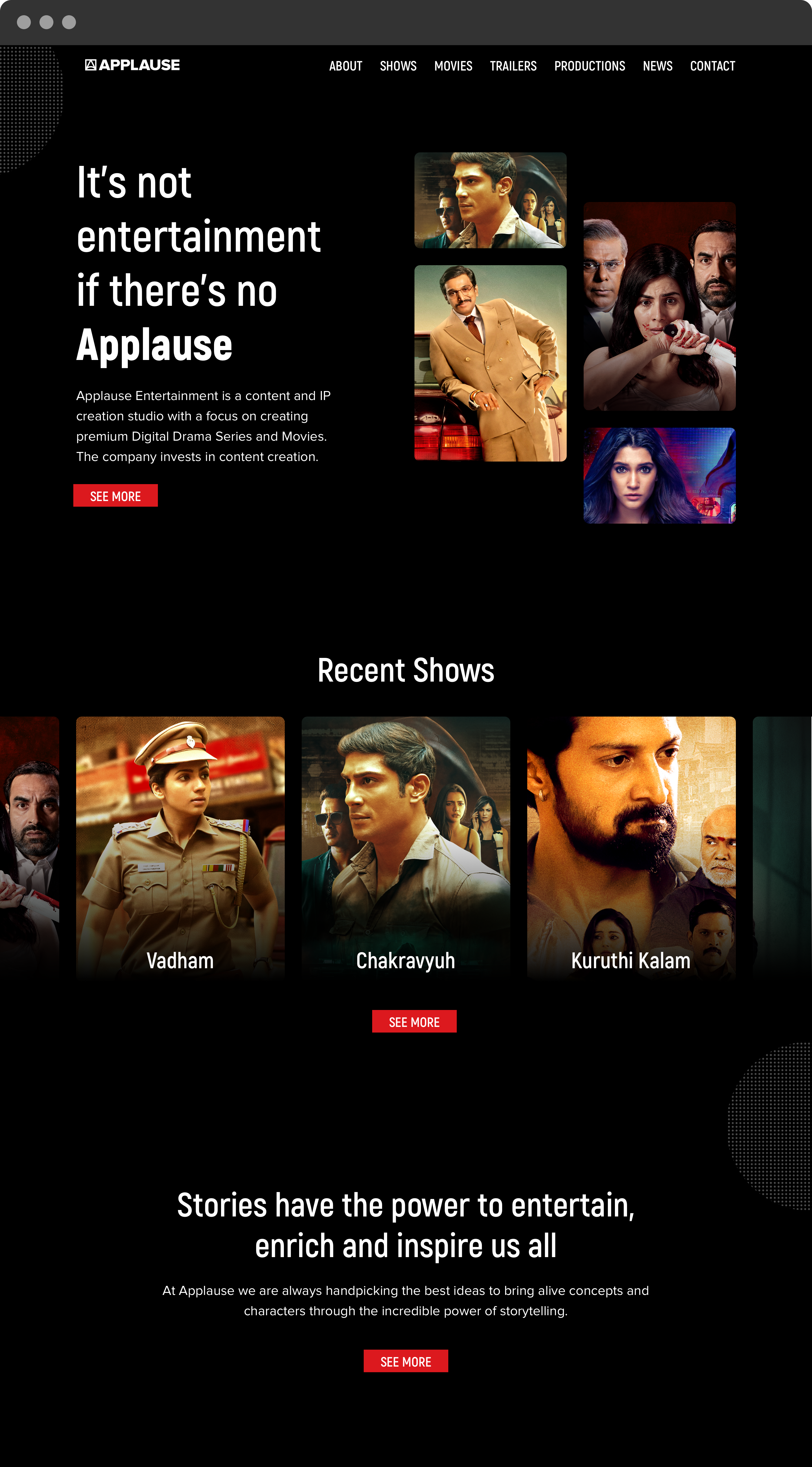 Applause Entertainment applause entertainment black bold dark mode design production house responsive design ui uiux user experience user interface ux web design website design
