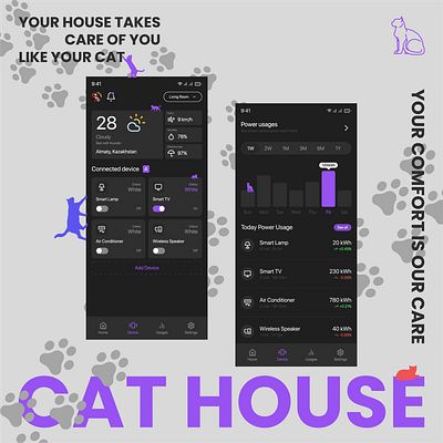 Cat House - Smart House branding cat cat app clean design dashboard design figma illustration info graphic landing logo smart house technology ui