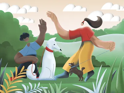 Hi there! 2d character design design diverse diversity dogs friends girl illustration multiracial pet product ui ux vector vector illustration walking dog webdesign website women