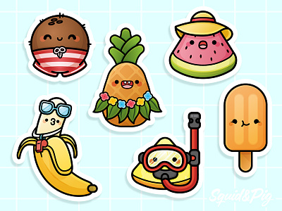Surf's Up Theme - Super-Cute Kawaii Sticker Book cute food fruit icon illustration kawaii stickers surf vector