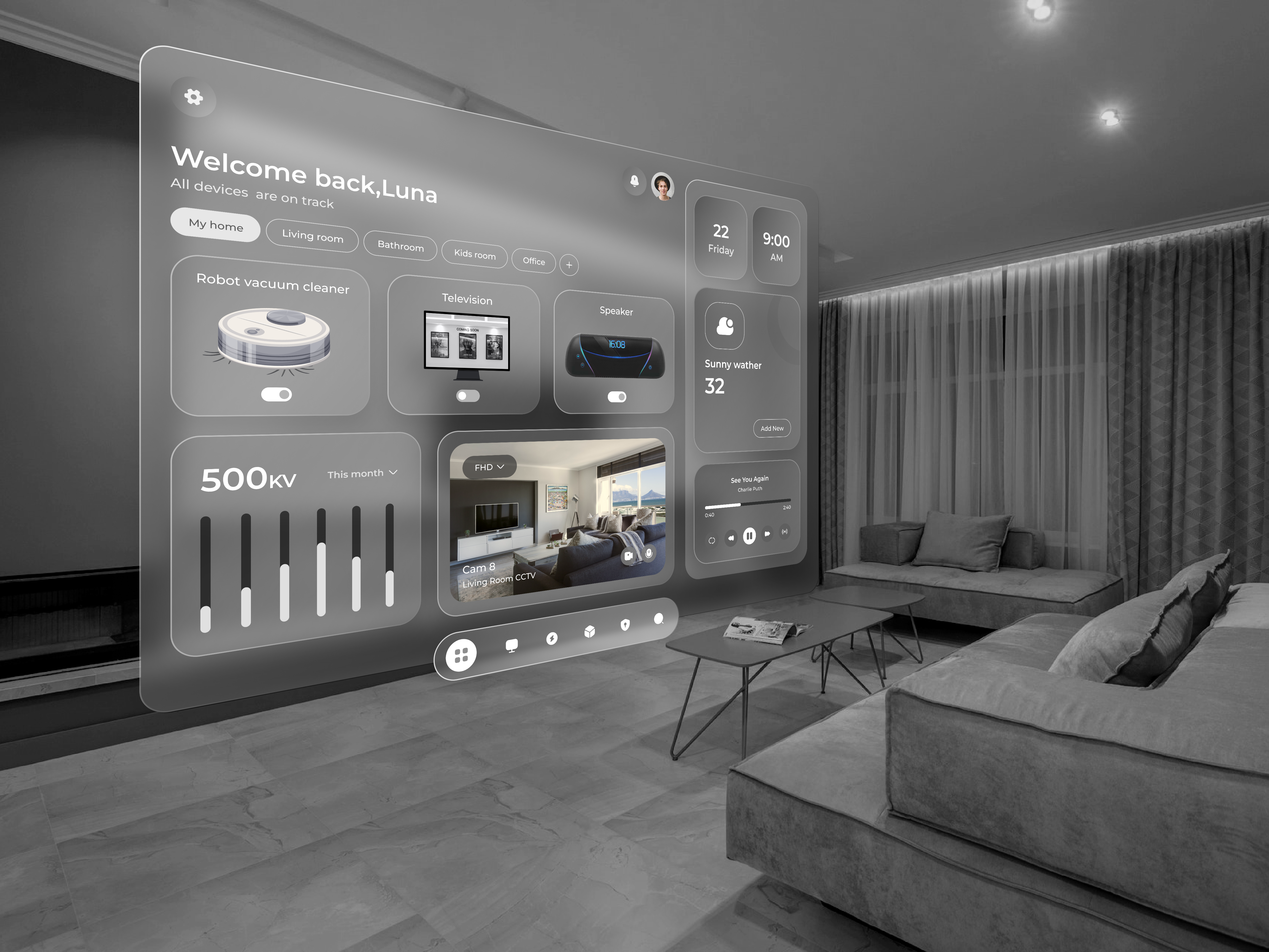 Apple vision pro : Smart home UI exploration app apple apple vision pro ar design dashboard desing glass morph home automation ios product design remote control smart smart devices smart home smart house spatial ui ui ux vision pro visions