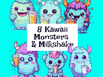Monster Mash-Up: Adorable Drinking Milkshakes, Ferocious Fun cute drinks hero icecream icons illustrations kawaii monsters pastel print snacks stickers thumbles tshirt ui ux vectors