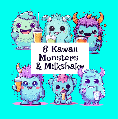 Monster Mash-Up: Adorable Drinking Milkshakes, Ferocious Fun cute drinks hero icecream icons illustrations kawaii monsters pastel print snacks stickers thumbles tshirt ui ux vectors
