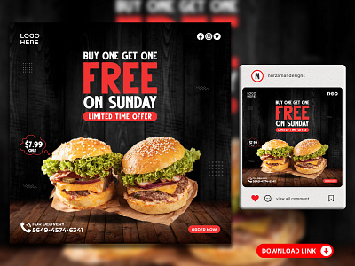 Buy One Get One Free On Sunday Social Media Banner Template ads ads design adverstisement banner branding burger banner buy one get one free facebook ad fast food food banner food menu graphic design instagram post offer post offer template promotional ads restaurant banner social media template web banner