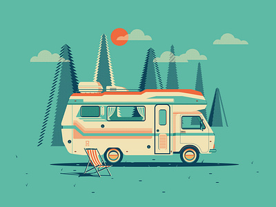 Camping-car poster in the forest branding camping car design flat design graphic design illustration logo poster design tree illustration typography vector wall art