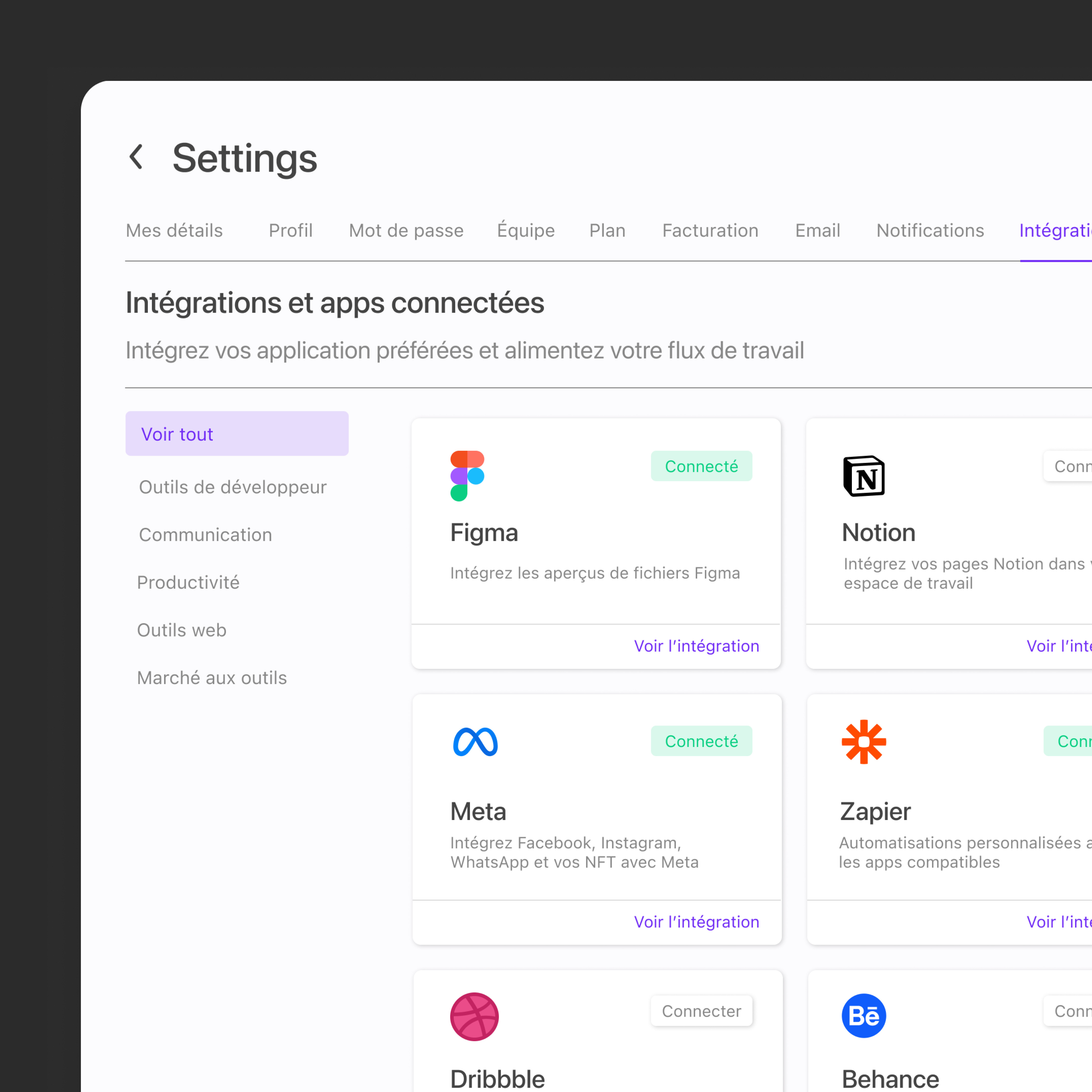 Settings app automation clean design figma integration minimalist purple reglages settings tabs ui ui design ux ux design ux first web webapp website white
