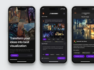 Dawnjourney - AI Image Generator 🖼 ai ai design ai image ai image generator ai to image app art art generator artificial intelegence clean dark mode design image ai image generator midjourney mobile app mobile design text to image ui ux