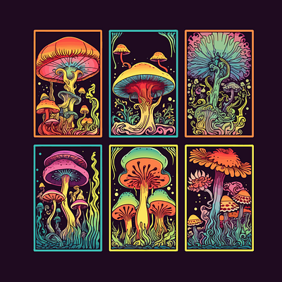 Six abstract psychedelic mushroom cards cards design graphics hero mushrooms psychedelic svg ui ux