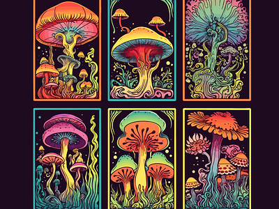 Six abstract psychedelic mushroom cards cards design graphics hero mushrooms psychedelic svg ui ux