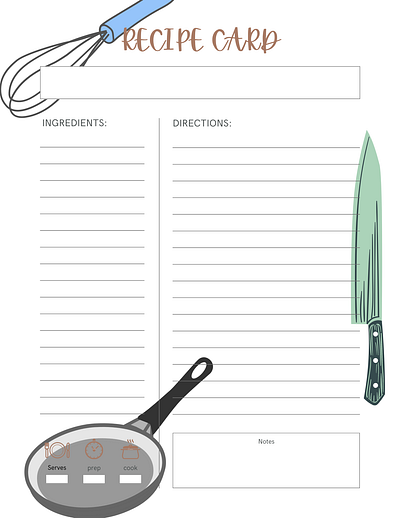 Recipe Card-Utensils knife pan recipe card recipes template whisk