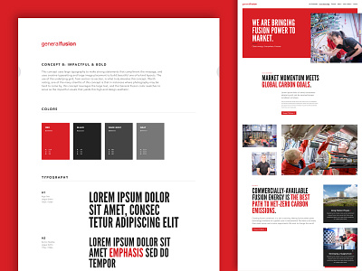 General Fusion - Design Concept B alignment black bold cards clean engineering fusion layout offset people red sans serif science simple sophisticated style guide uppercase web design website white