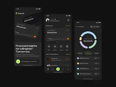 Financia - Finance Mobile App bank banking app card clean design dark mode detail page finance app graph home page mobile app mobile banking money new onboarding popular transfer typography ui design ui inspiration ux design