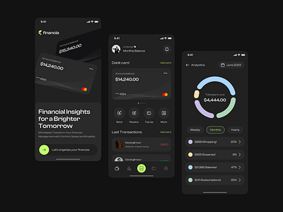 Financia - Finance Mobile App bank banking app card clean design dark mode detail page finance app graph home page mobile app mobile banking money new onboarding popular transfer typography ui design ui inspiration ux design