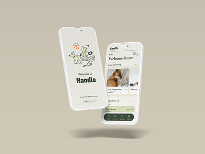 Handle - Dog and Pet Care App app design art direction booking brand identity branding clean design design fresh colors graphic design green palette illustration minimal minimal design neutral palette onboarding pet care product design ui