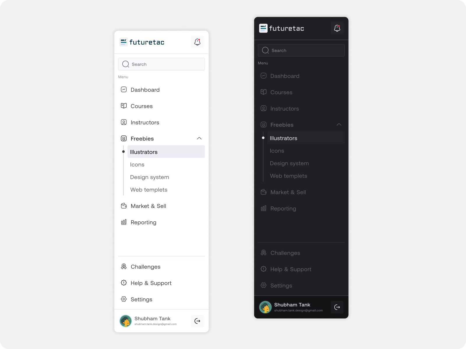 🚀 Sidebar Navigation - Futuretac clean dark mode dashboard design dropdown education interface light mode menu navigation product design profile side bar side navigation sidebar menu sidenav skills ui design ux design
