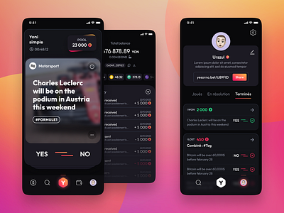 YesOrNo App app betting bright colors clean crypto dark ui ios profile swipe ui design wallet